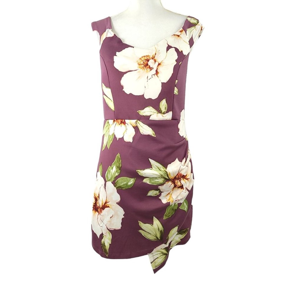 Mind Code Floral Wrap Style Mini Dress Womens Size L Lined Sleeveless Burgundy